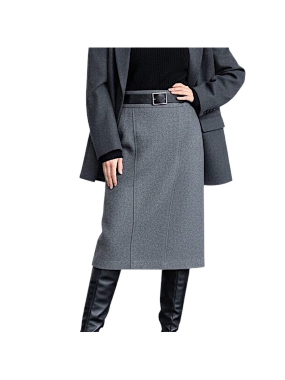 Vintage 90s Japanese worsted wool blend grey minimalist straight midi skirt